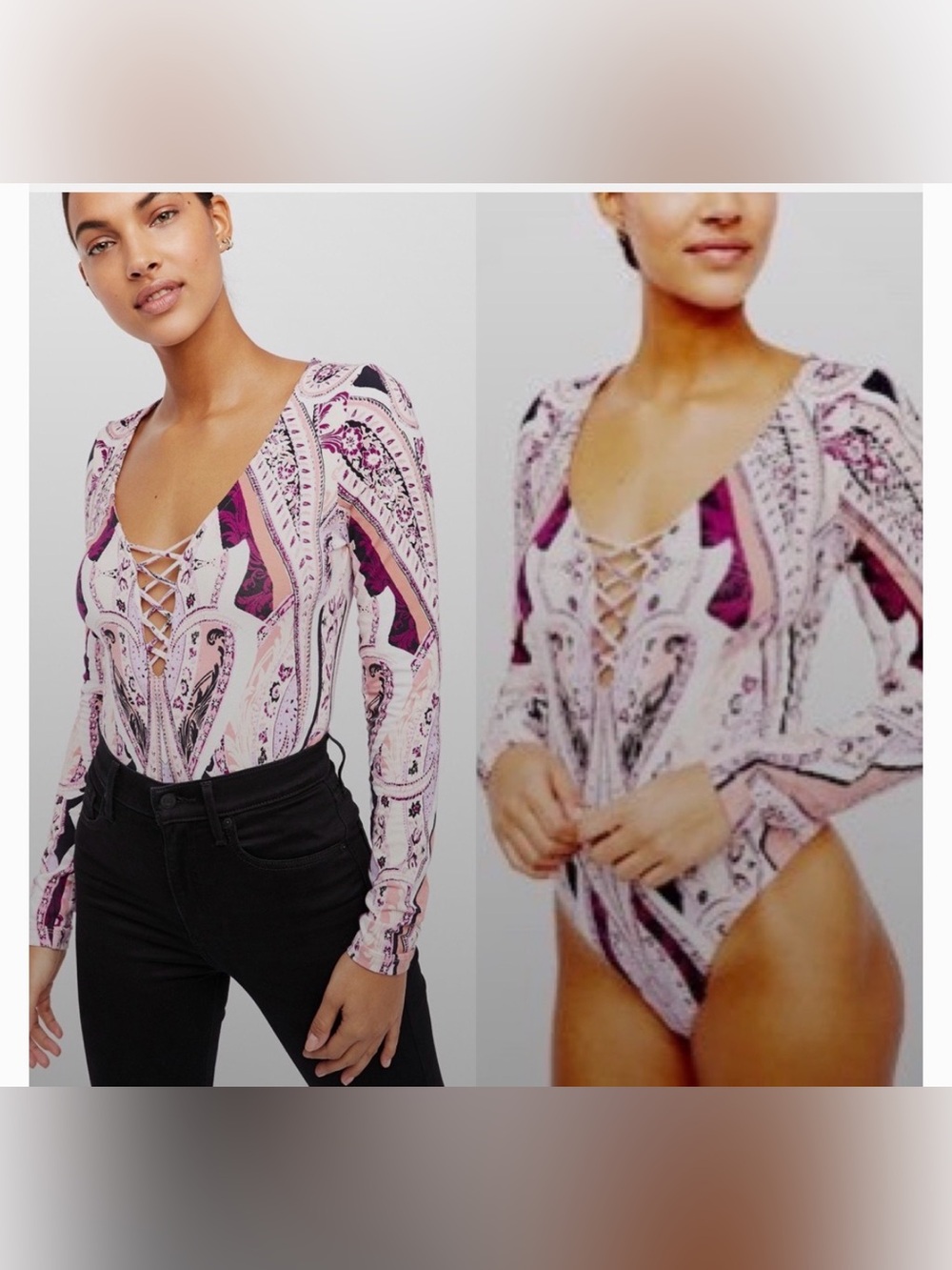 3 for $50 Free People Pink Paisley Lace-Up V-Neck Long-Sleeve Bodysuit